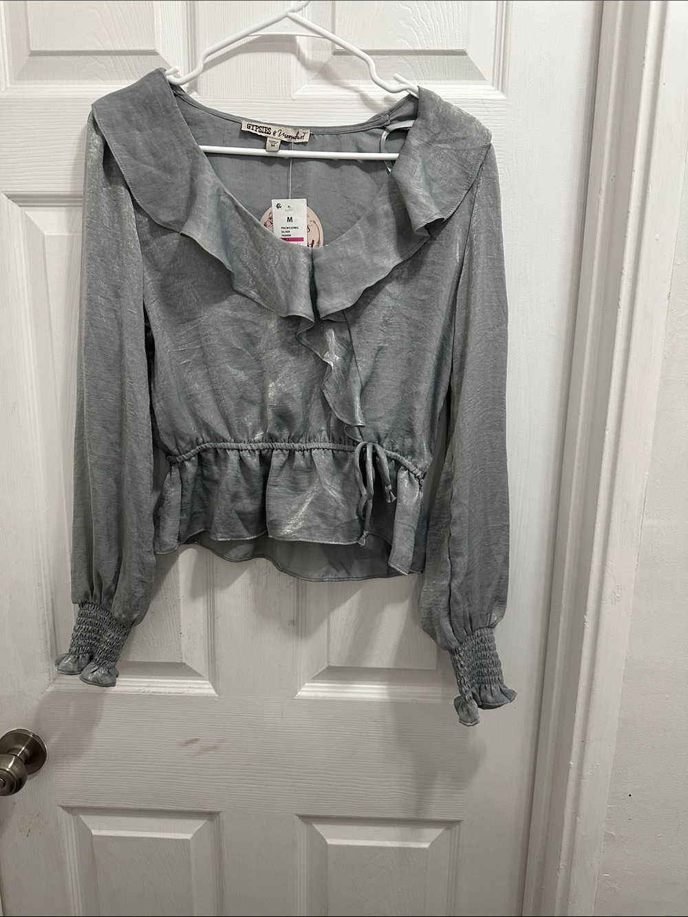 Gypsies & Moondust Silver Ruffled V-Neck Drawstring Blouse nwt